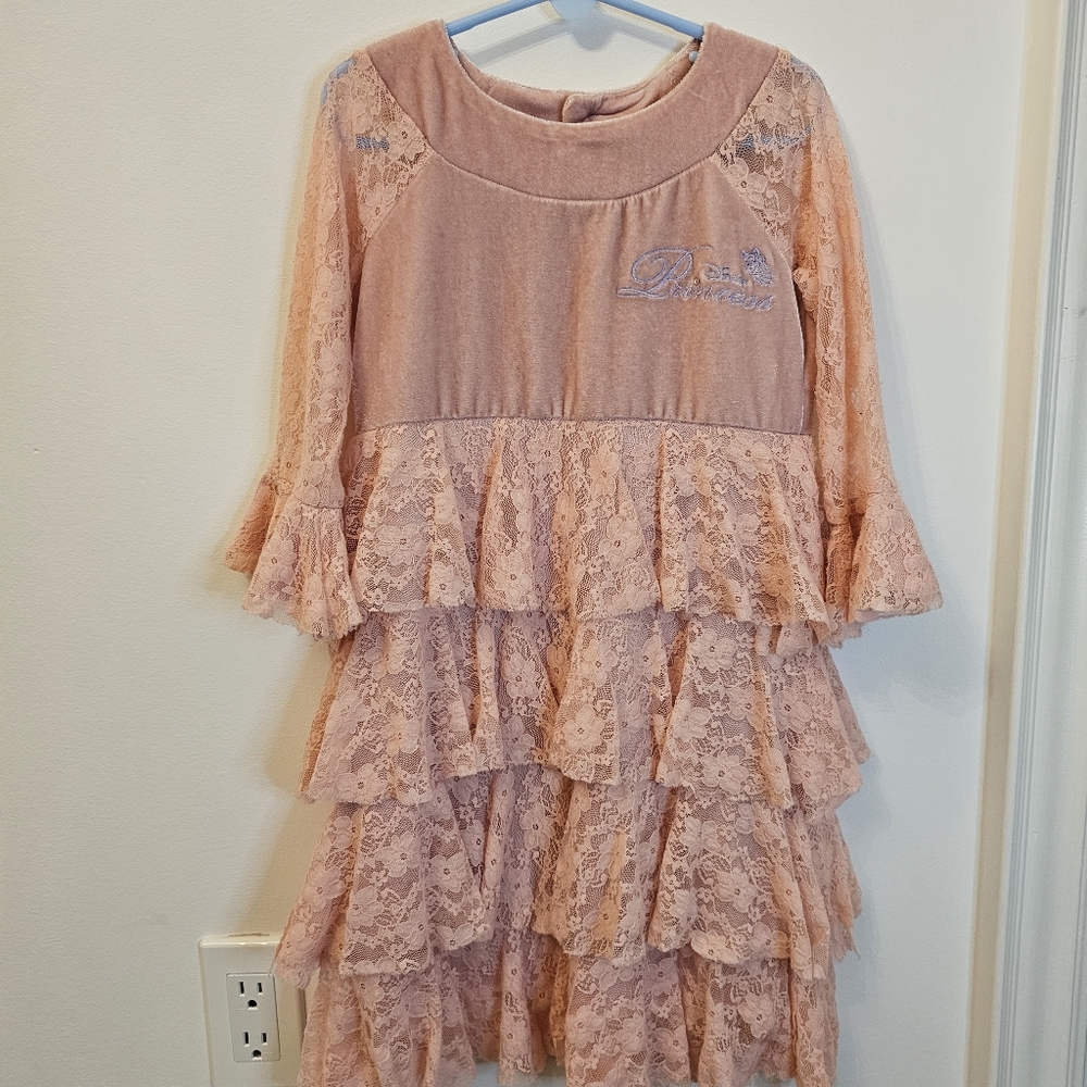 Disney Princess Pink Dress – Velvet & Lace Sleeves, Size 5/6 (S)